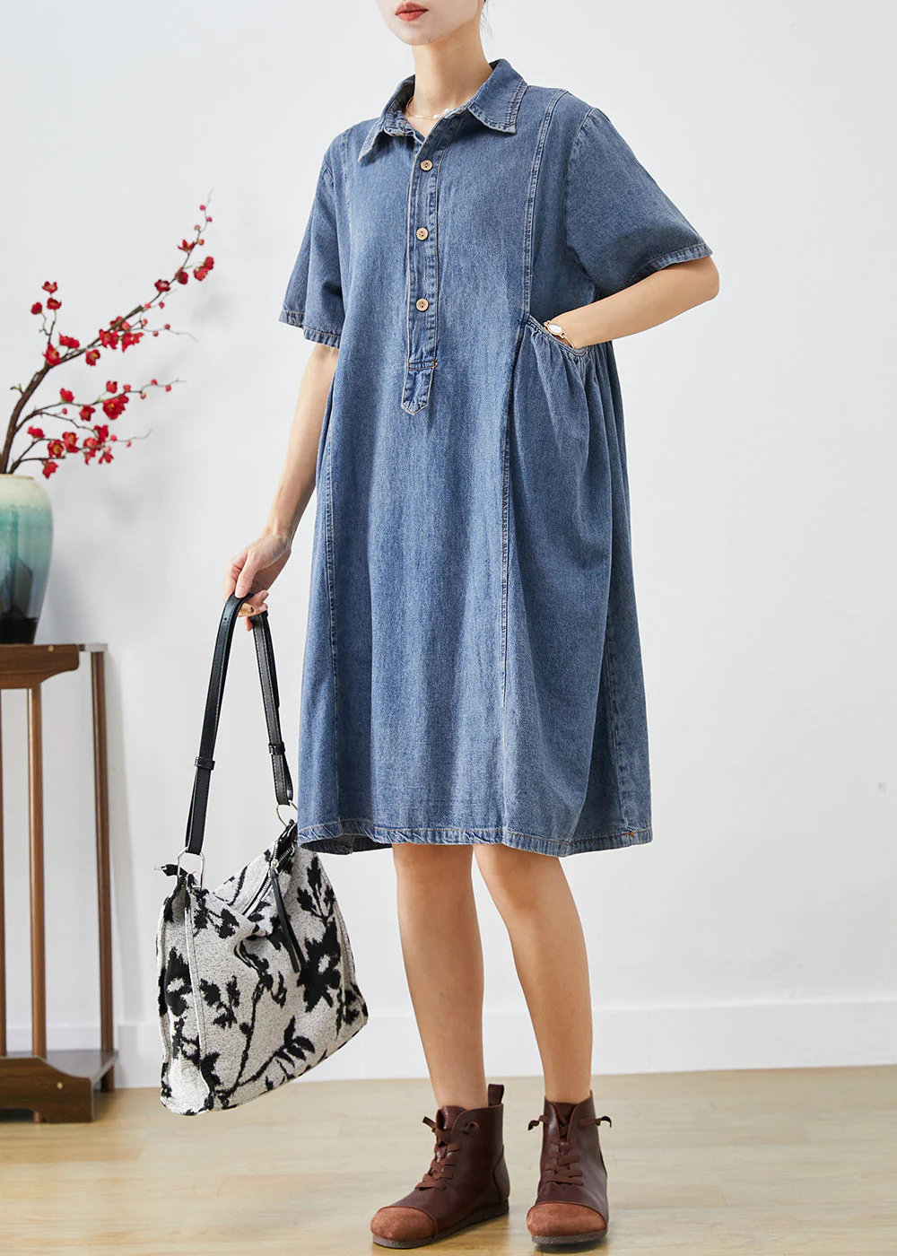 Bohemian Blue Slim Fit Pockets Denim Vacation Dress Summer - Image 3
