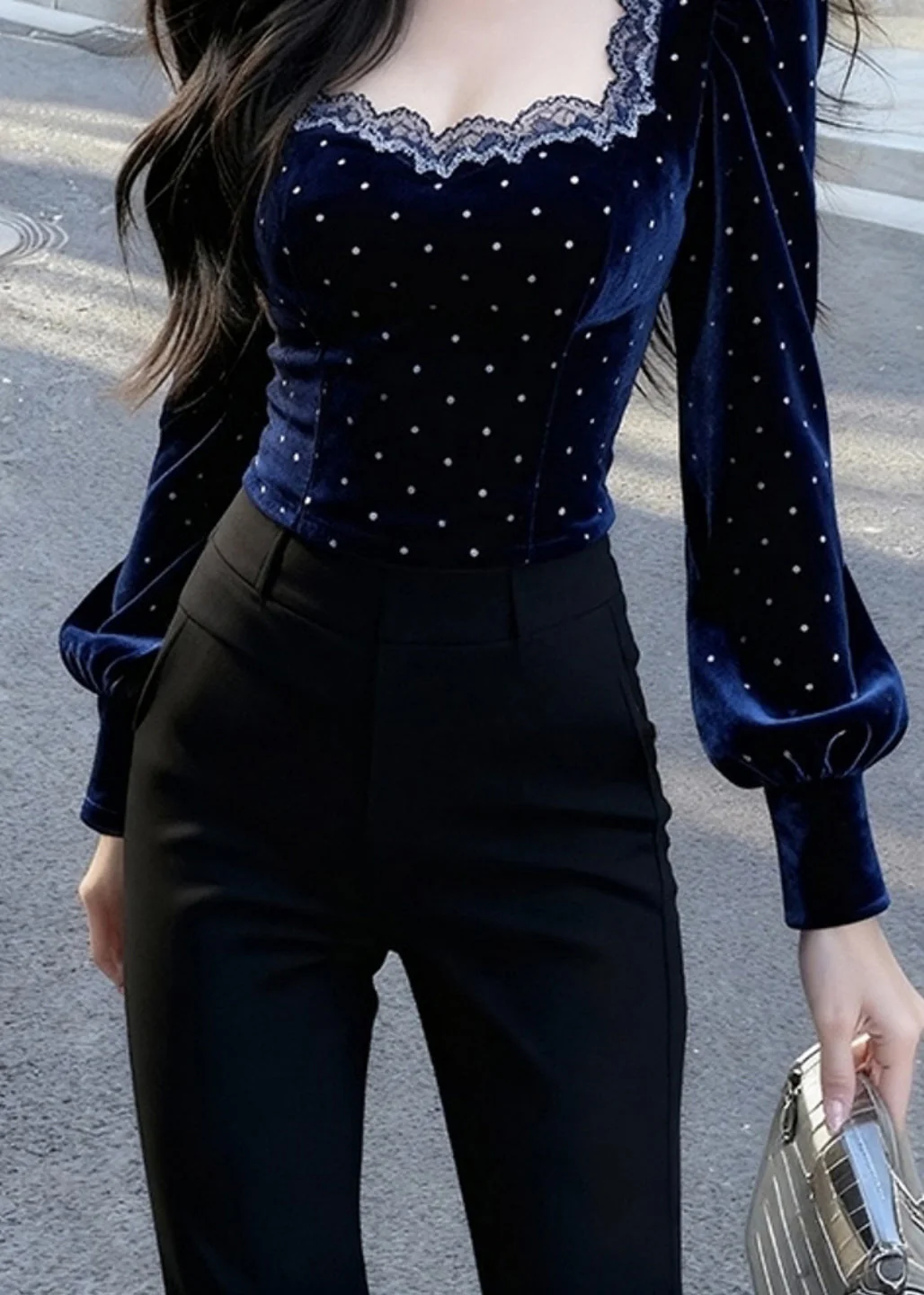 Bohemian Blue Square Collar Lace Patchwork Silk Velour Tops Spring - Image 4