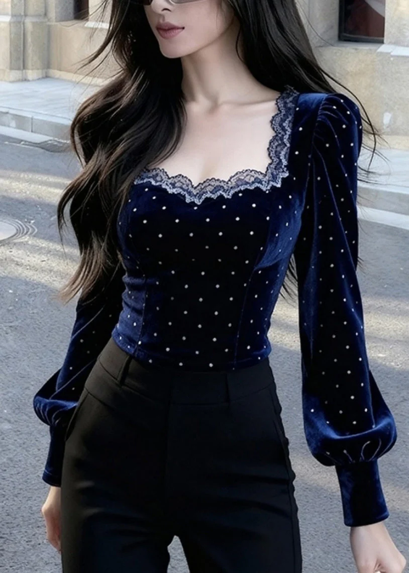 Bohemian Blue Square Collar Lace Patchwork Silk Velour Tops Spring - Image 5