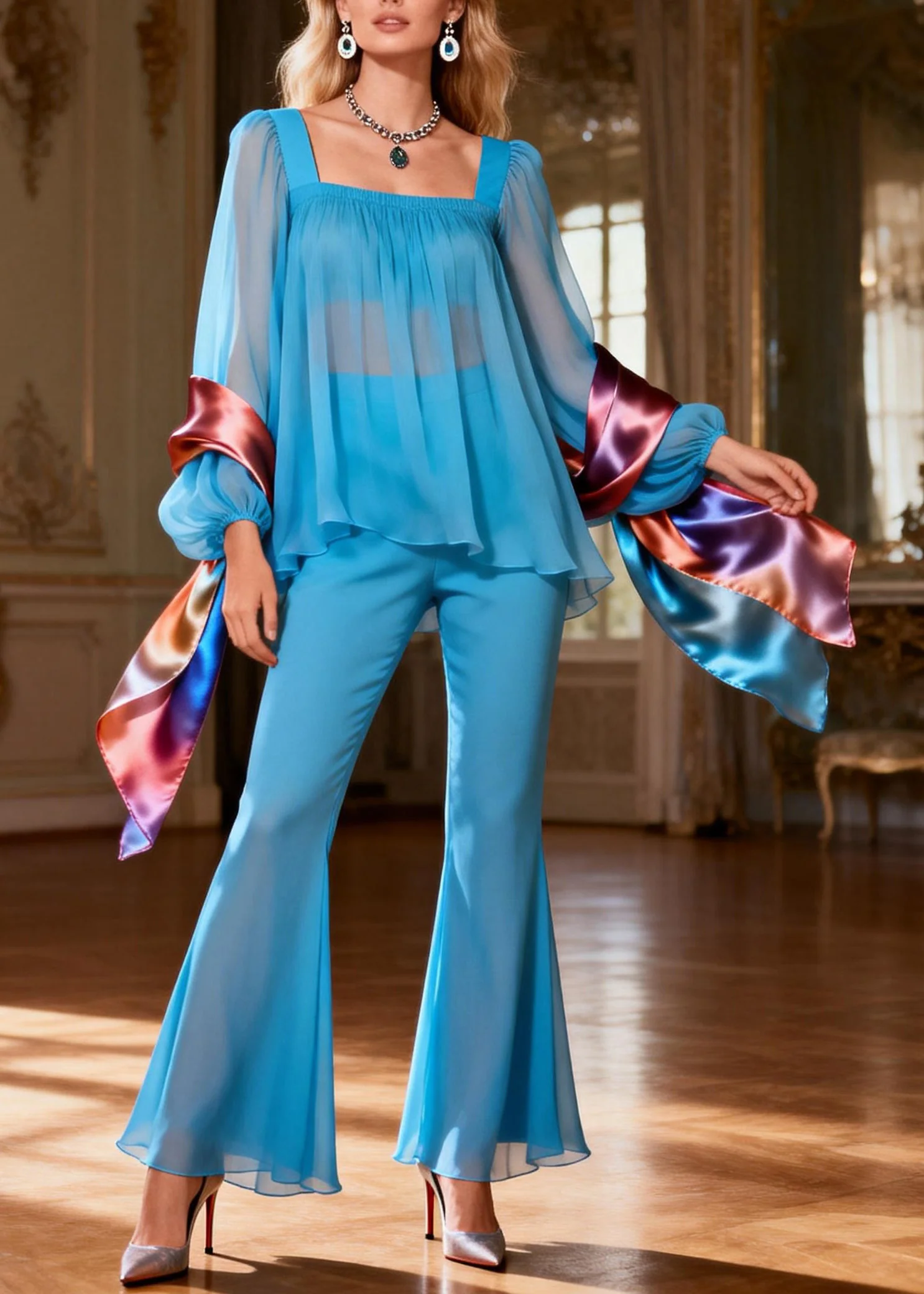 Bohemian Blue Square Collar Patchwork Silk Two Pieces Set Summer - Image 3