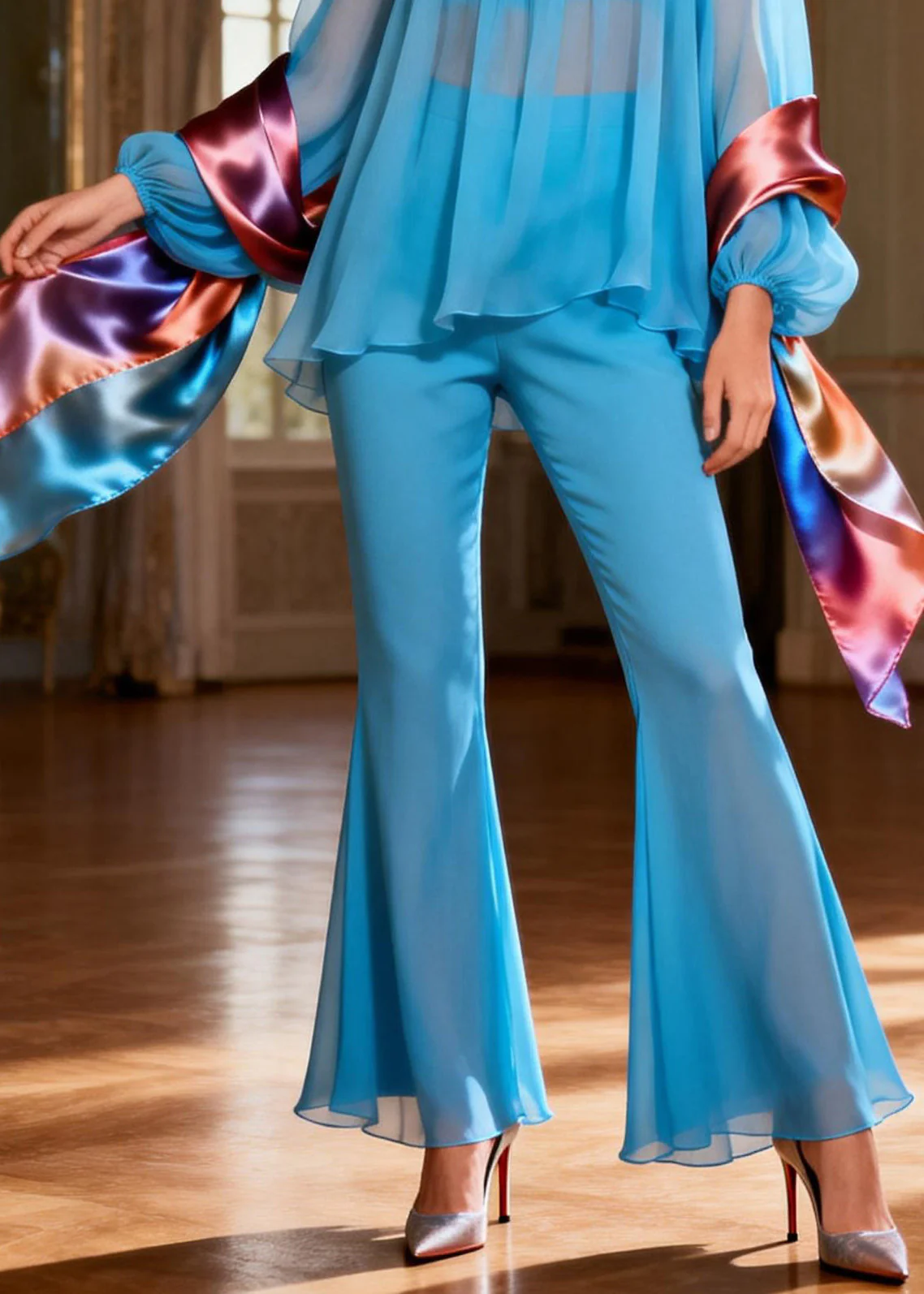 Bohemian Blue Square Collar Patchwork Silk Two Pieces Set Summer - Image 4