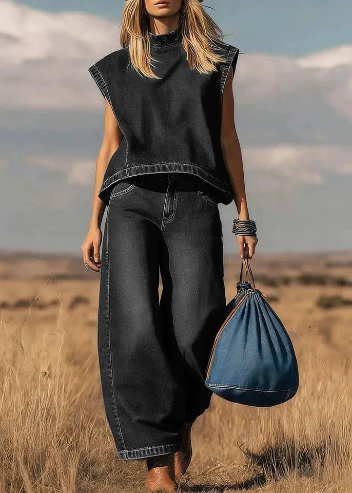 Bohemian Blue Stand Collar Oversized Denim Two Pieces Set Sleeveless - Image 2