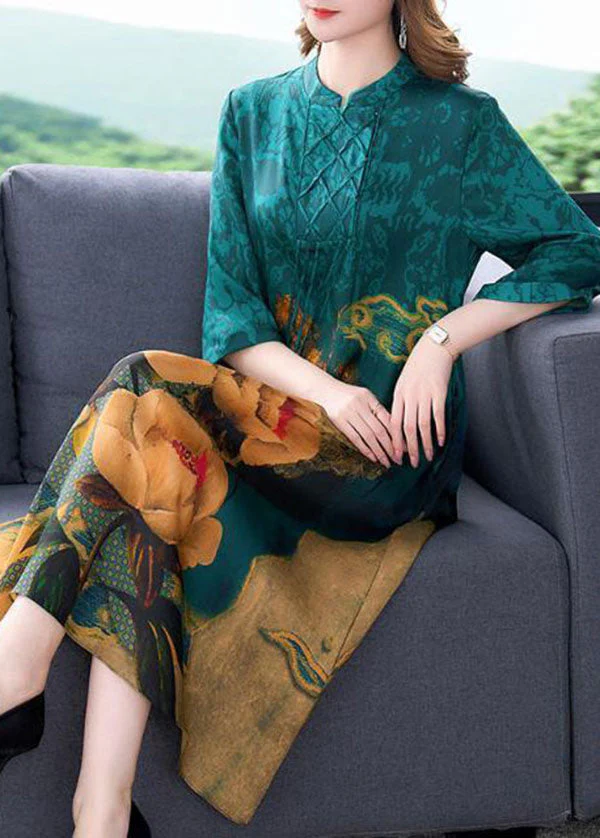 Bohemian Blue Stand Collar Print Tassel Silk Long Dress Half Sleeve - Image 2