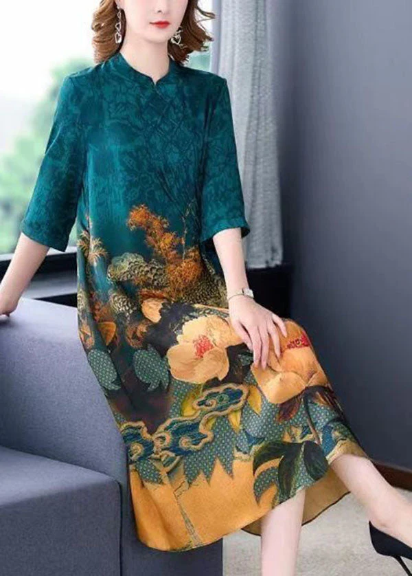 Bohemian Blue Stand Collar Print Tassel Silk Long Dress Half Sleeve - Image 3