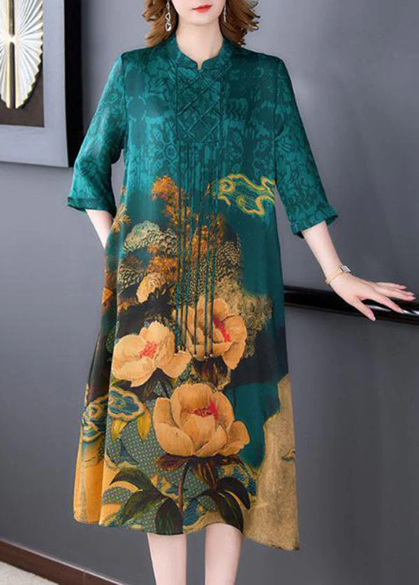 Bohemian Blue Stand Collar Print Tassel Silk Long Dress Half Sleeve - Image 4
