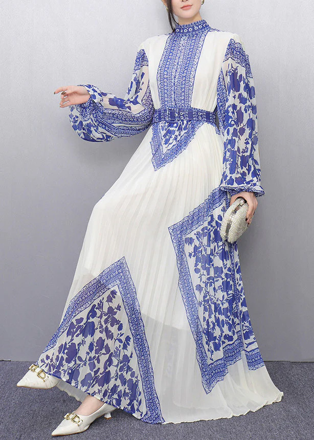 Bohemian Blue Tunic Print Chiffon Pleated Dresses Summer - Image 2