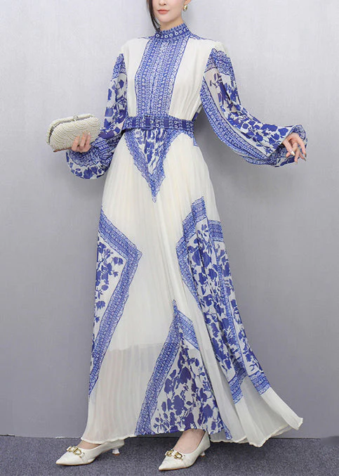 Bohemian Blue Tunic Print Chiffon Pleated Dresses Summer - Image 3