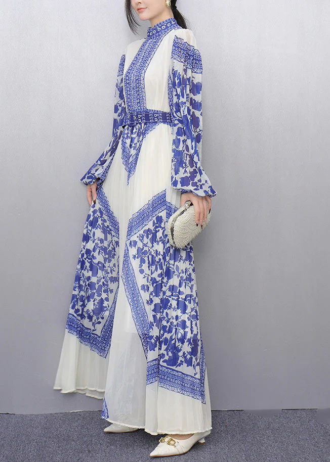 Bohemian Blue Tunic Print Chiffon Pleated Dresses Summer - Image 4