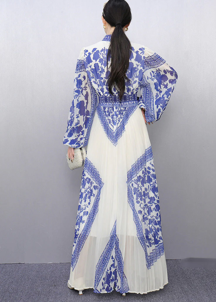 Bohemian Blue Tunic Print Chiffon Pleated Dresses Summer - Image 5