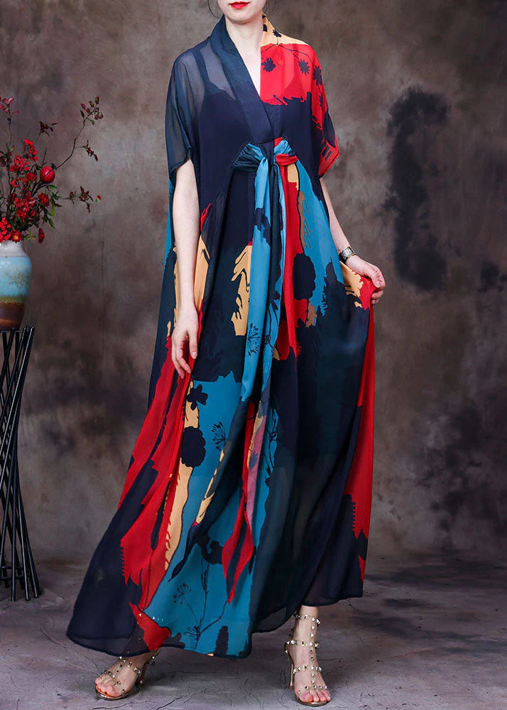 Bohemian Blue V Neck Print Chiffon Beach Dresses Short Sleeve - Image 2