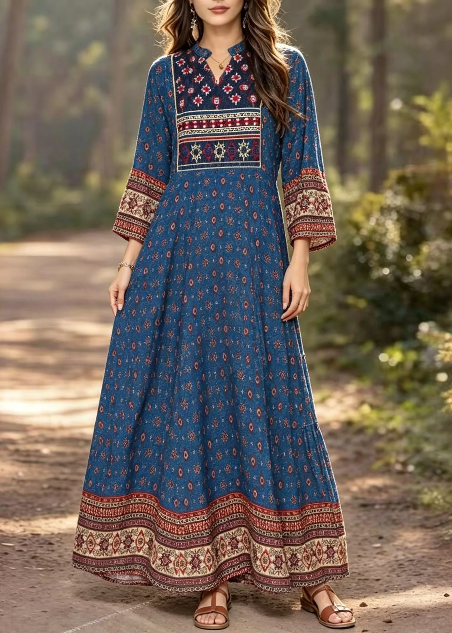 Bohemian Blue V Neck Print Cotton Long Dress Summer - Image 3