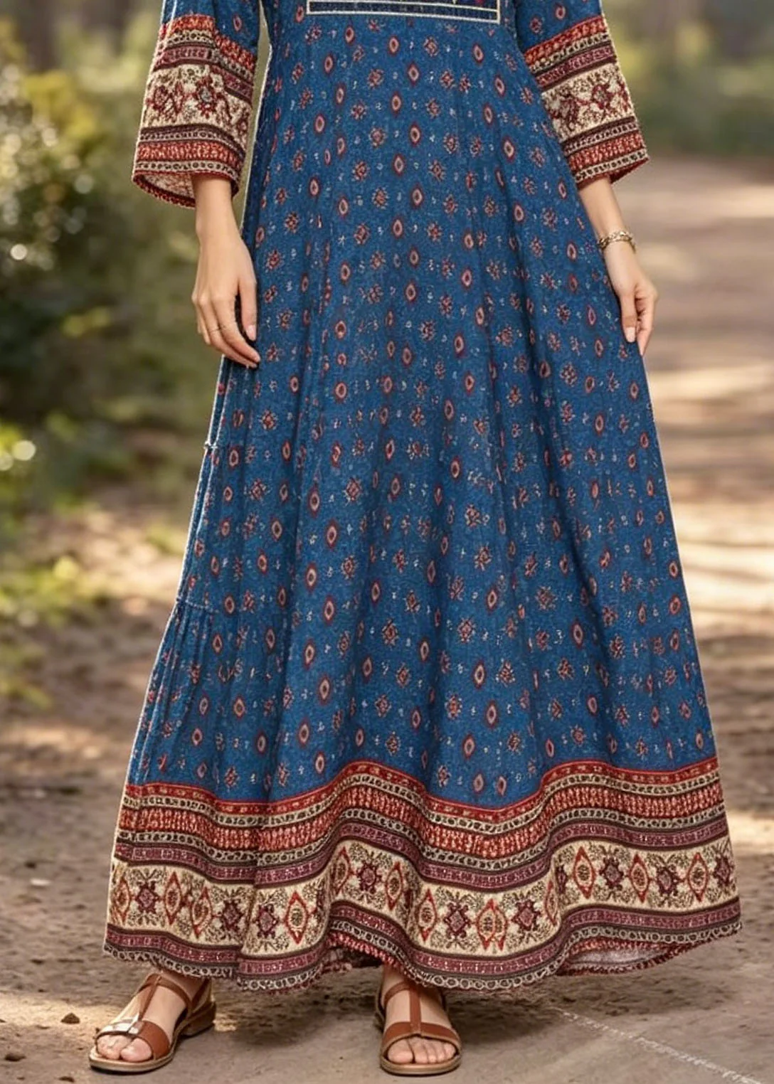 Bohemian Blue V Neck Print Cotton Long Dress Summer - Image 4