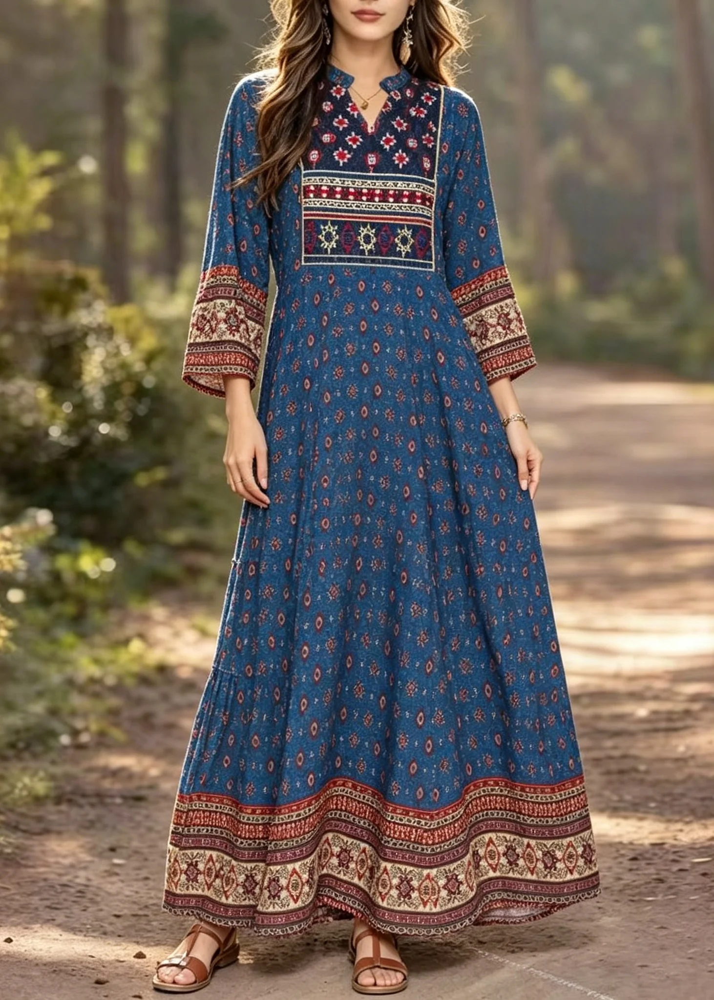 Bohemian Blue V Neck Print Cotton Long Dress Summer - Image 5