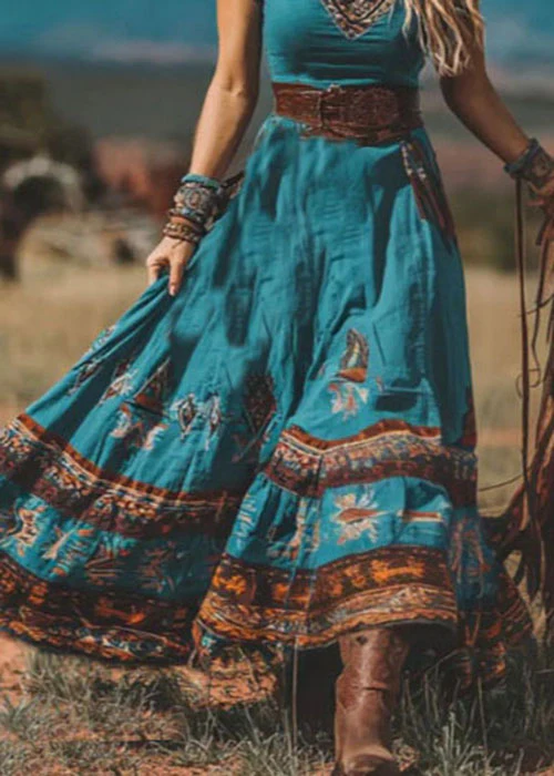 Bohemian Blue V Neck Print Patchwork Cotton Dress Summer - Image 4