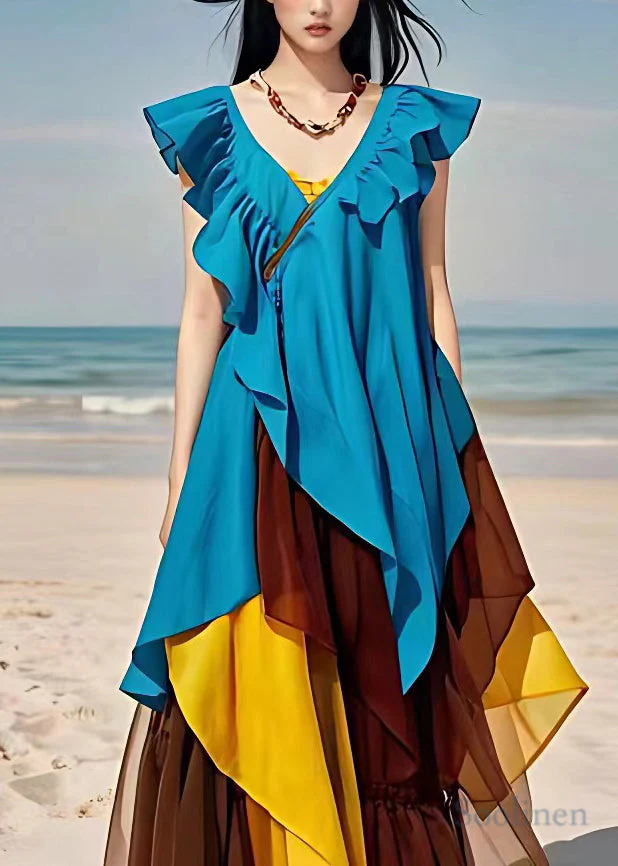 Bohemian Blue V Neck Ruffled Patchwork Chiffon Dresses Sleeveless - Image 4