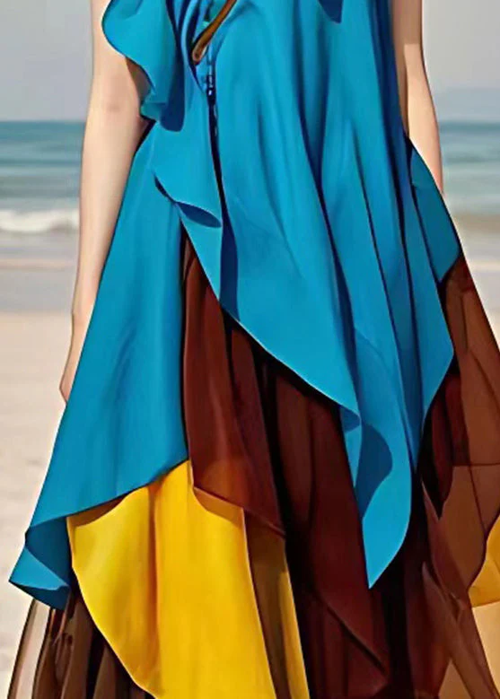 Bohemian Blue V Neck Ruffled Patchwork Chiffon Dresses Sleeveless - Image 5