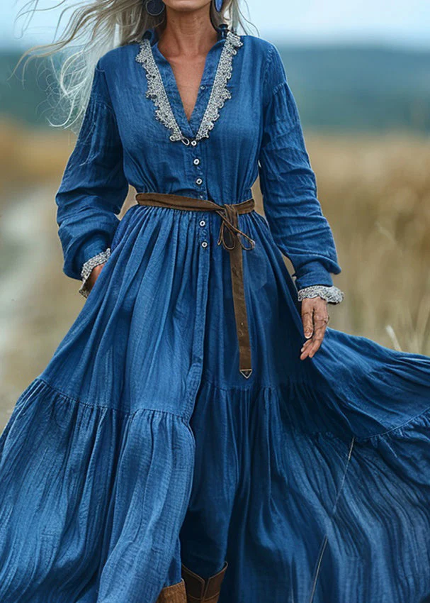 Bohemian Blue V Neck Wrinkled Patchwork Cotton Long Dresses Spring - Image 2
