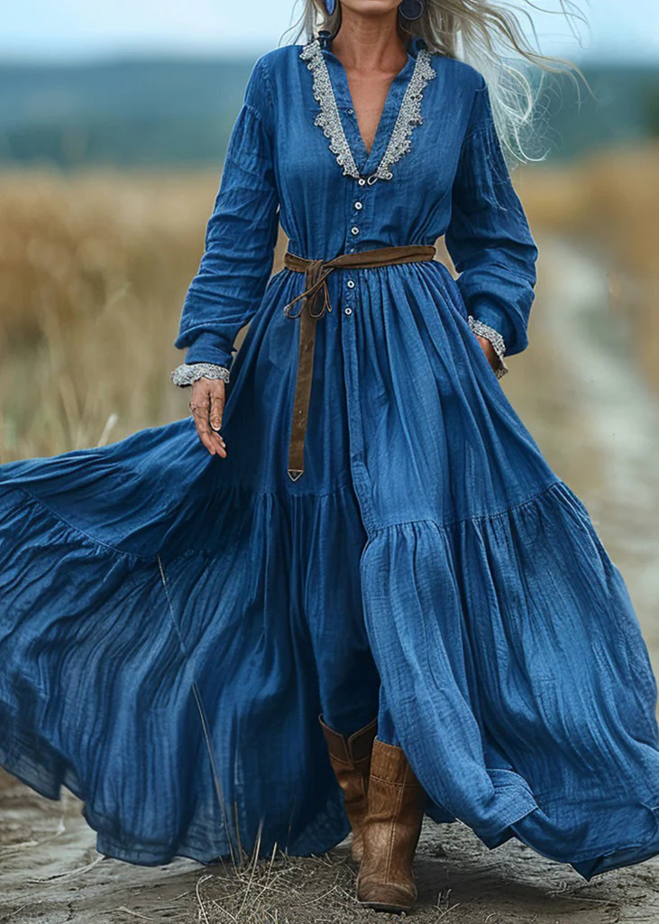 Bohemian Blue V Neck Wrinkled Patchwork Cotton Long Dresses Spring - Image 3