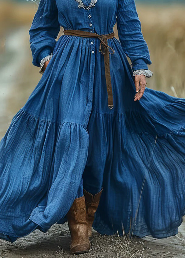 Bohemian Blue V Neck Wrinkled Patchwork Cotton Long Dresses Spring - Image 4