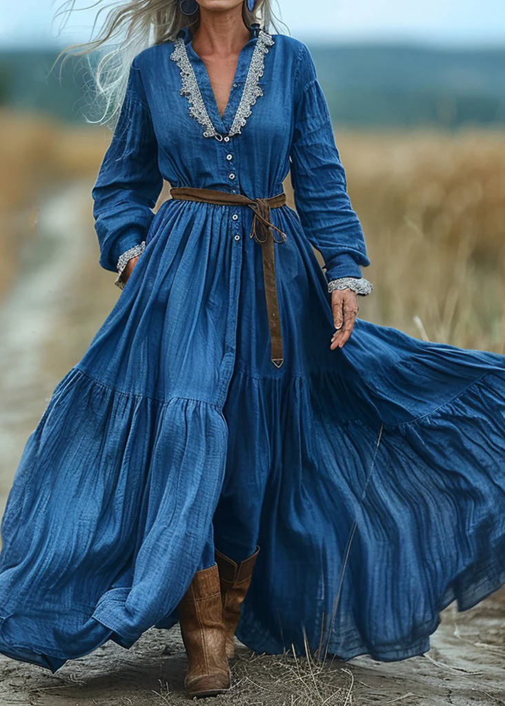 Bohemian Blue V Neck Wrinkled Patchwork Cotton Long Dresses Spring - Image 5
