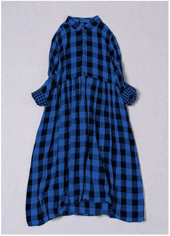Bohemian Blue White Plaid PeterPan Collar Pockets Button Fall Patchwork Dresses