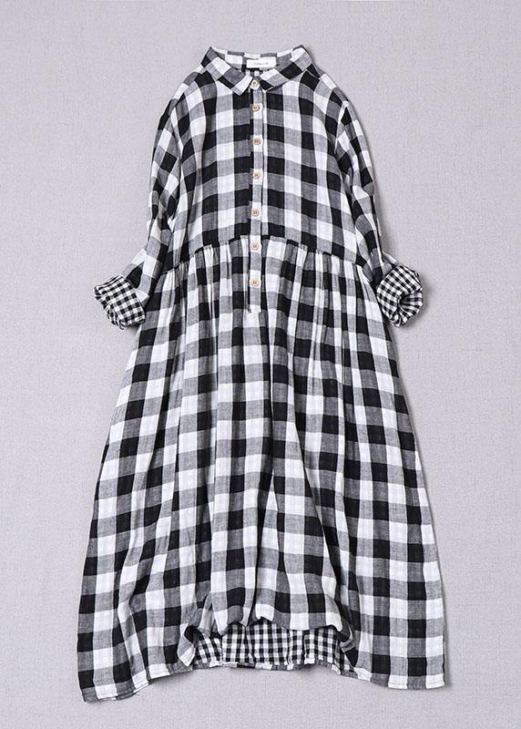 Bohemian Blue White Plaid PeterPan Collar Pockets Button Fall Patchwork Dresses - Image 2