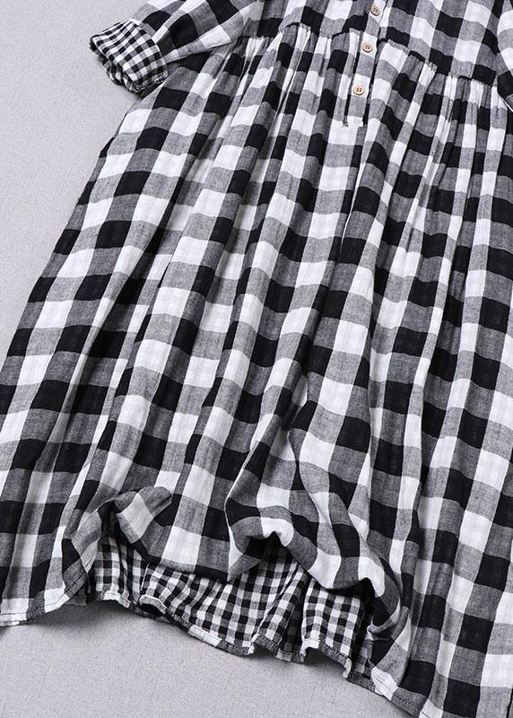 Bohemian Blue White Plaid PeterPan Collar Pockets Button Fall Patchwork Dresses - Image 5