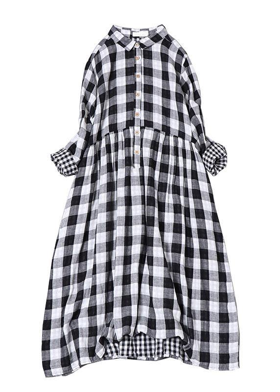 Bohemian Blue White Plaid PeterPan Collar Pockets Button Fall Patchwork Dresses - Image 6