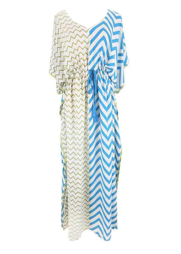 Bohemian Blue Yellow Striped Patchwork Drawstring Tie Waist Maxi Dresses Summer - Image 5