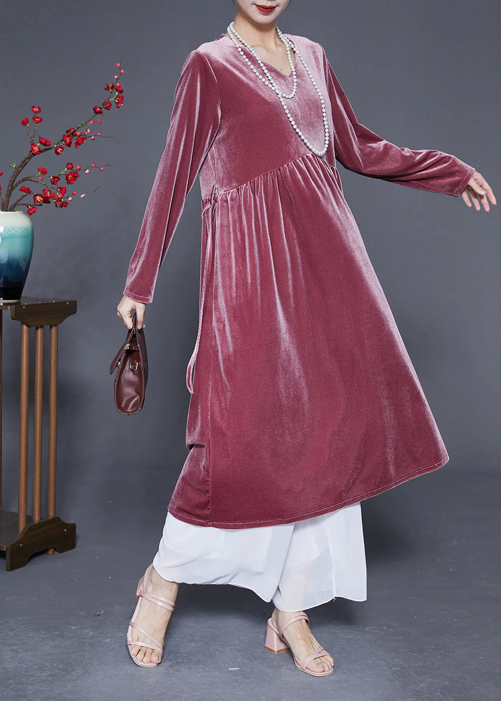 Bohemian Brick Red V Neck Patchwork Silk Velour Maxi Dresses Spring - Image 2