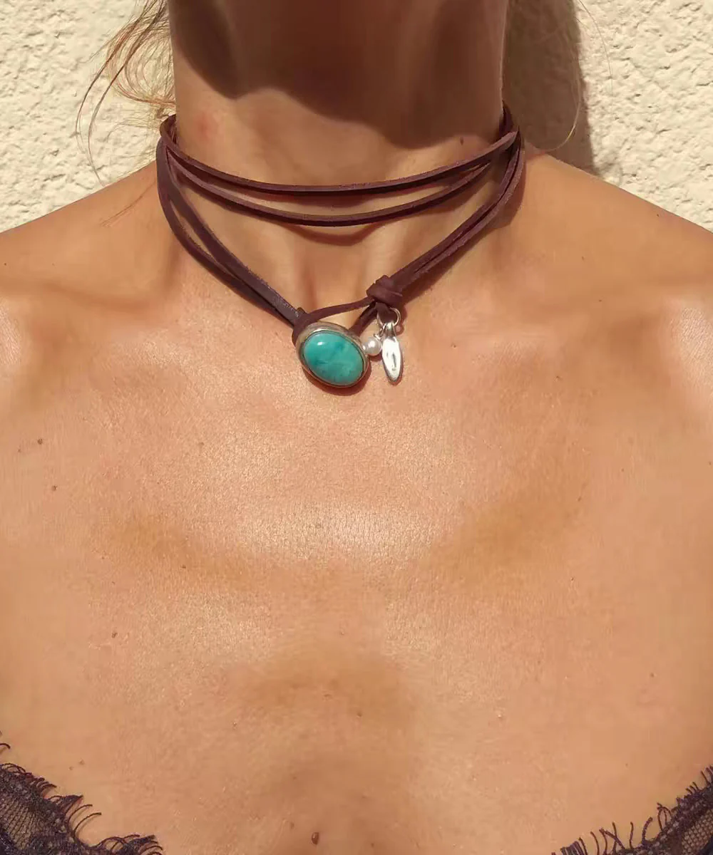 Bohemian Brown Leather Turquoise Pearl Necklace