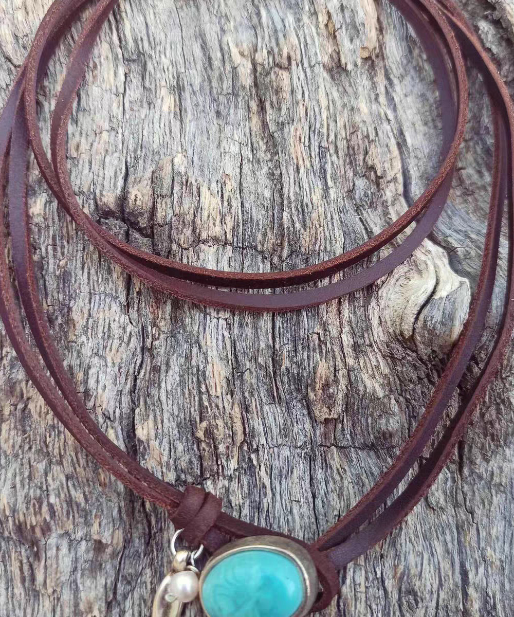 Bohemian Brown Leather Turquoise Pearl Necklace - Image 2