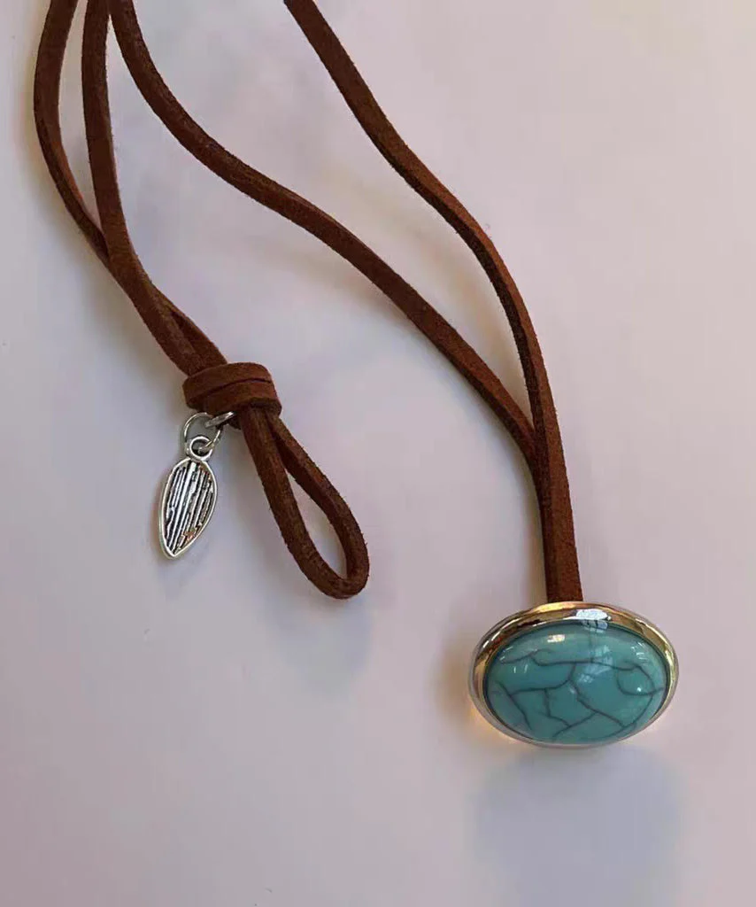 Bohemian Brown Leather Turquoise Pearl Necklace - Image 3