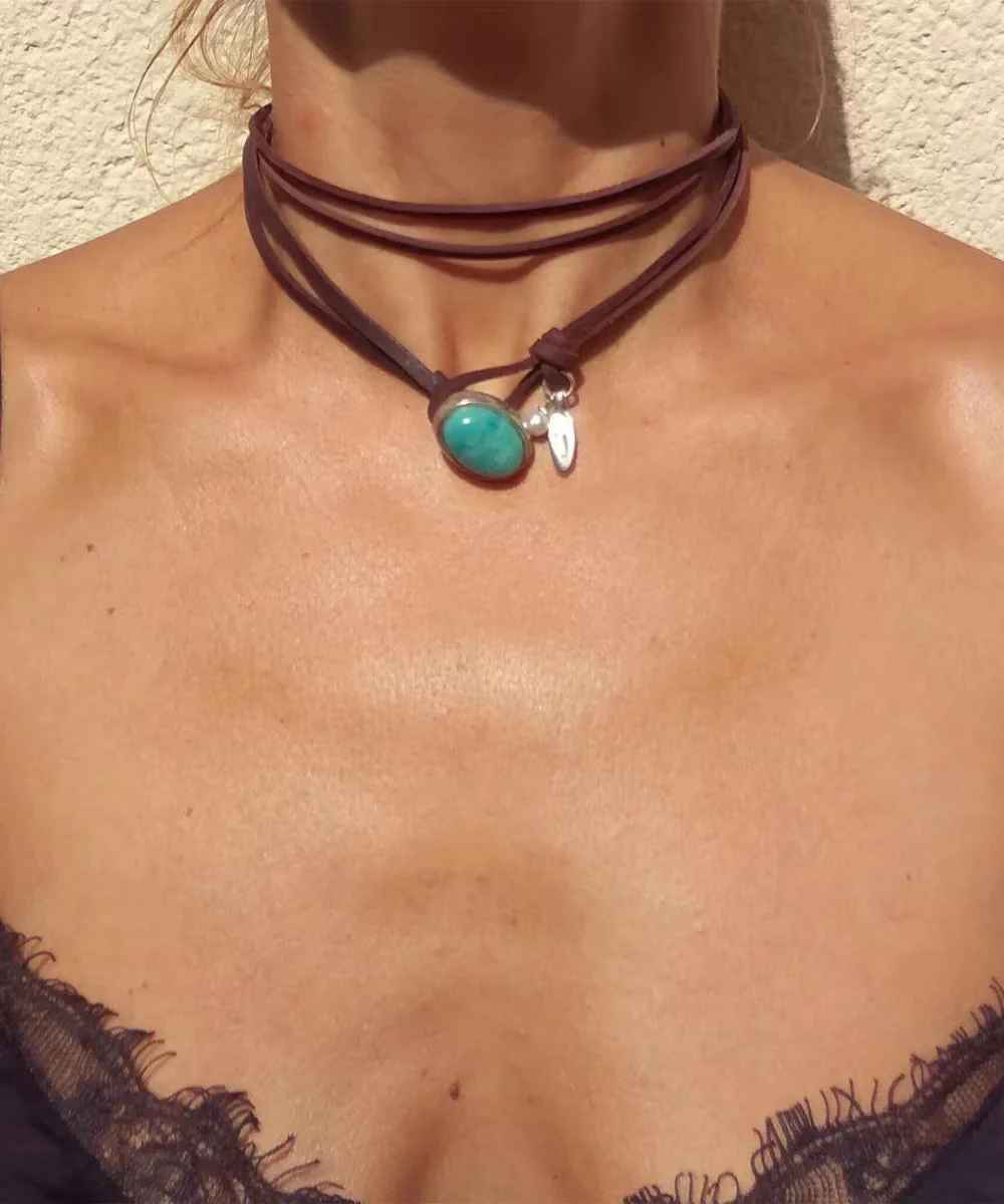 Bohemian Brown Leather Turquoise Pearl Necklace - Image 4
