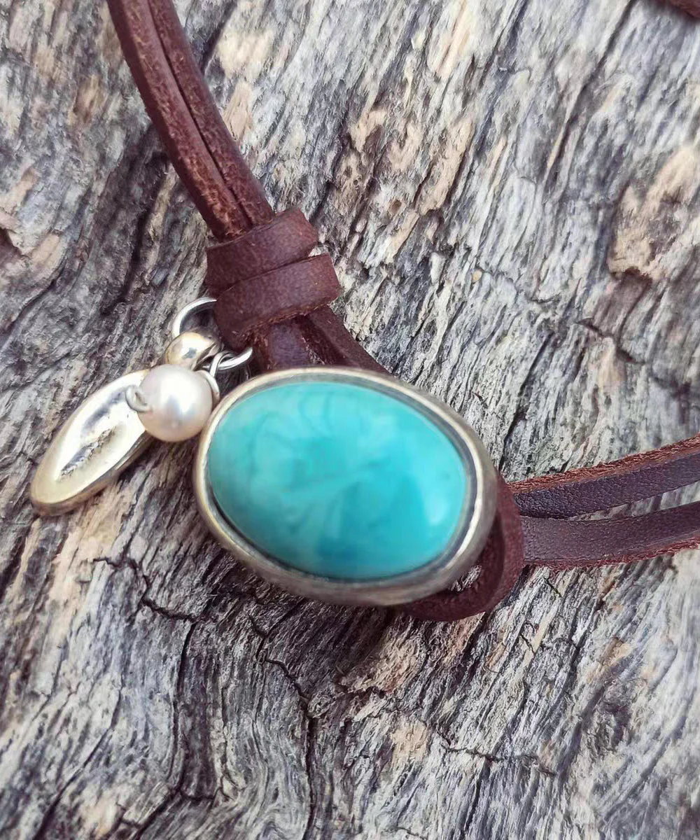 Bohemian Brown Leather Turquoise Pearl Necklace - Image 5