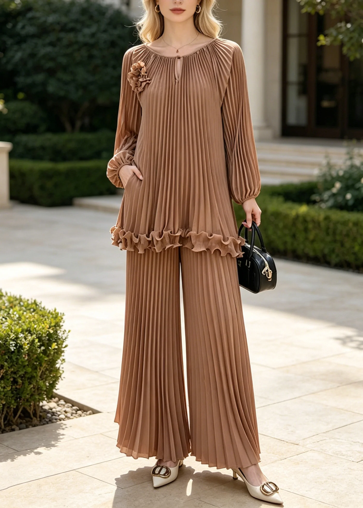 Bohemian Brown Oversized Wrinkled Chiffon Two Pieces Set Spring - Image 3