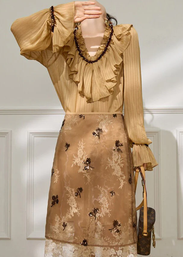 Bohemian Brown Ruffled Patchwork Shirt Flare Sleeve - Image 2