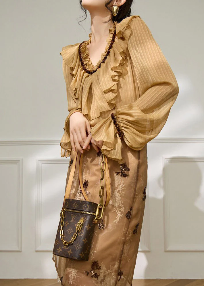 Bohemian Brown Ruffled Patchwork Shirt Flare Sleeve - Image 3