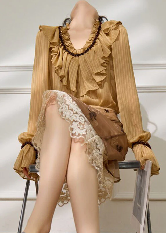 Bohemian Brown Ruffled Patchwork Shirt Flare Sleeve - Image 4