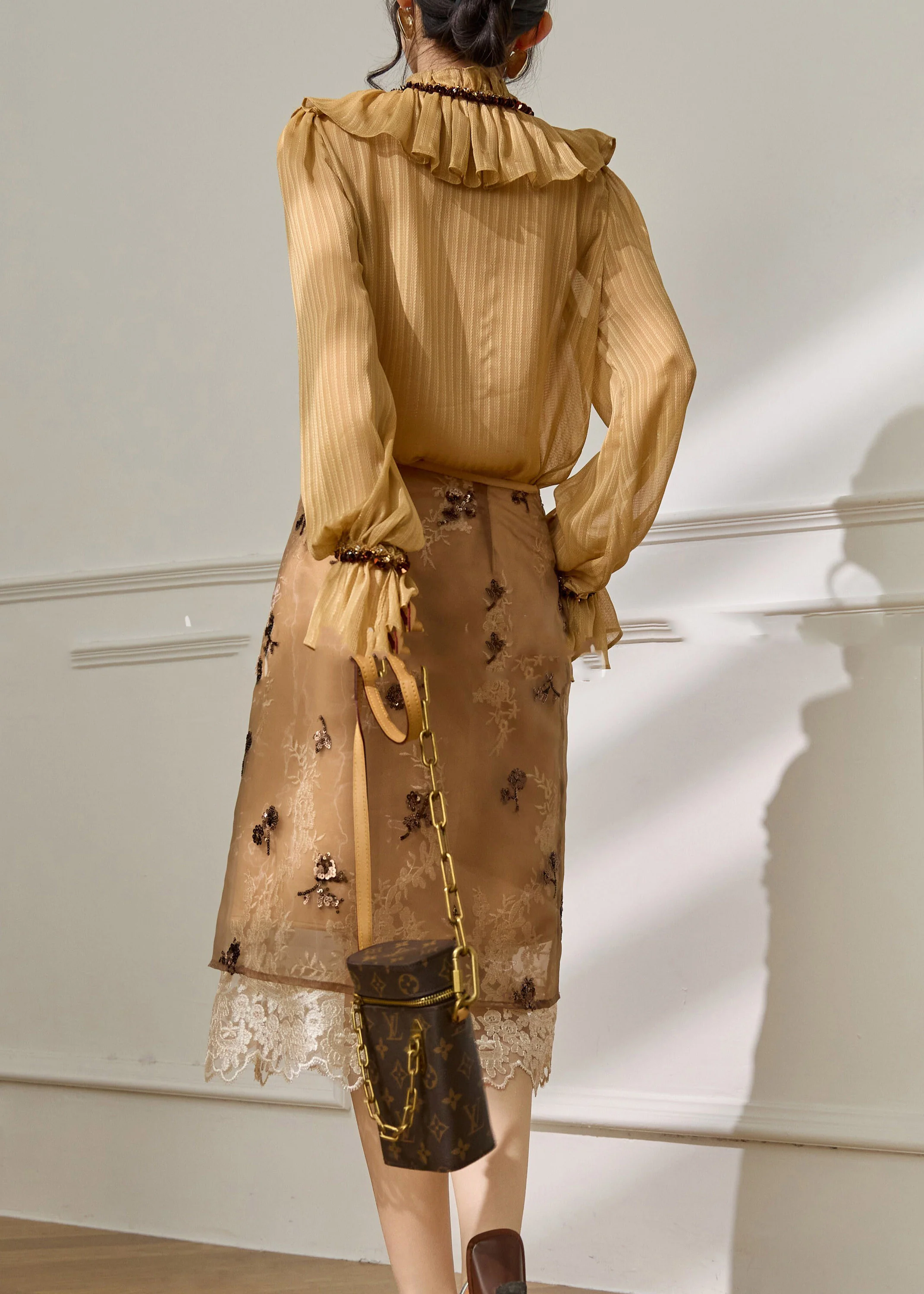 Bohemian Brown Ruffled Patchwork Shirt Flare Sleeve - Image 5