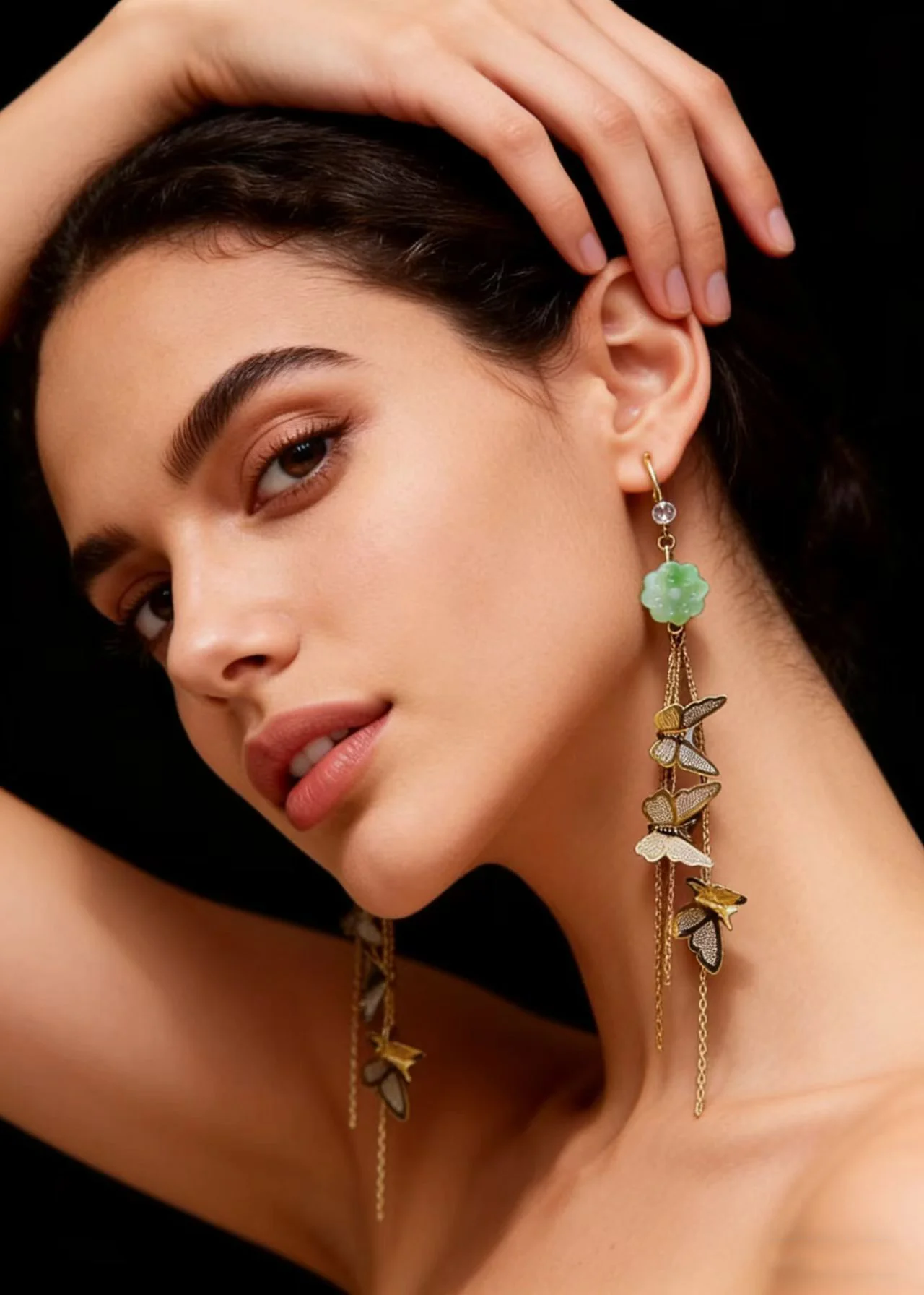 Bohemian Butterfly Tassels Fine Jade Drop Earrings - Image 3