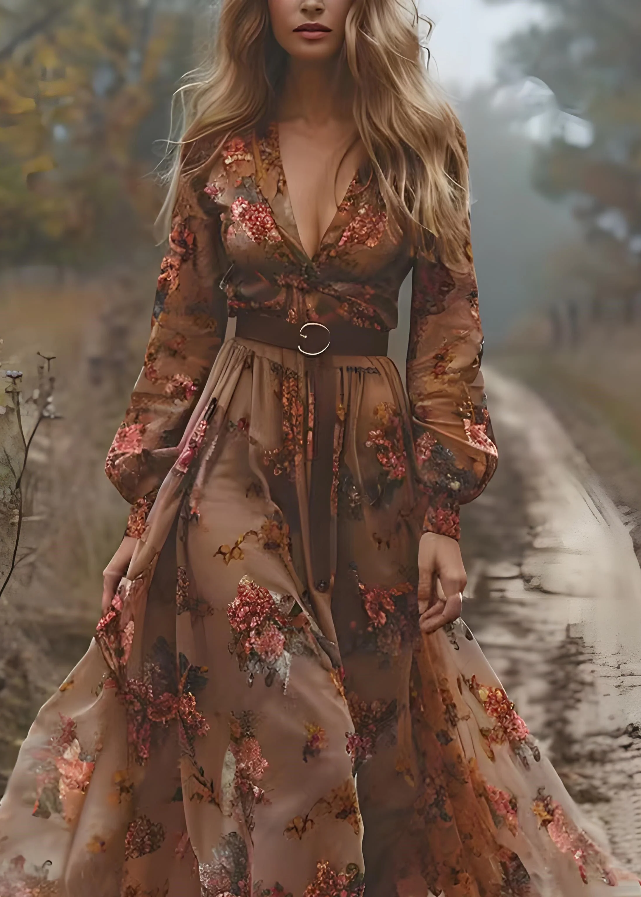 Bohemian Caramel V Neck Print Exra Large Hem Chiffon Dress Spring - Image 2