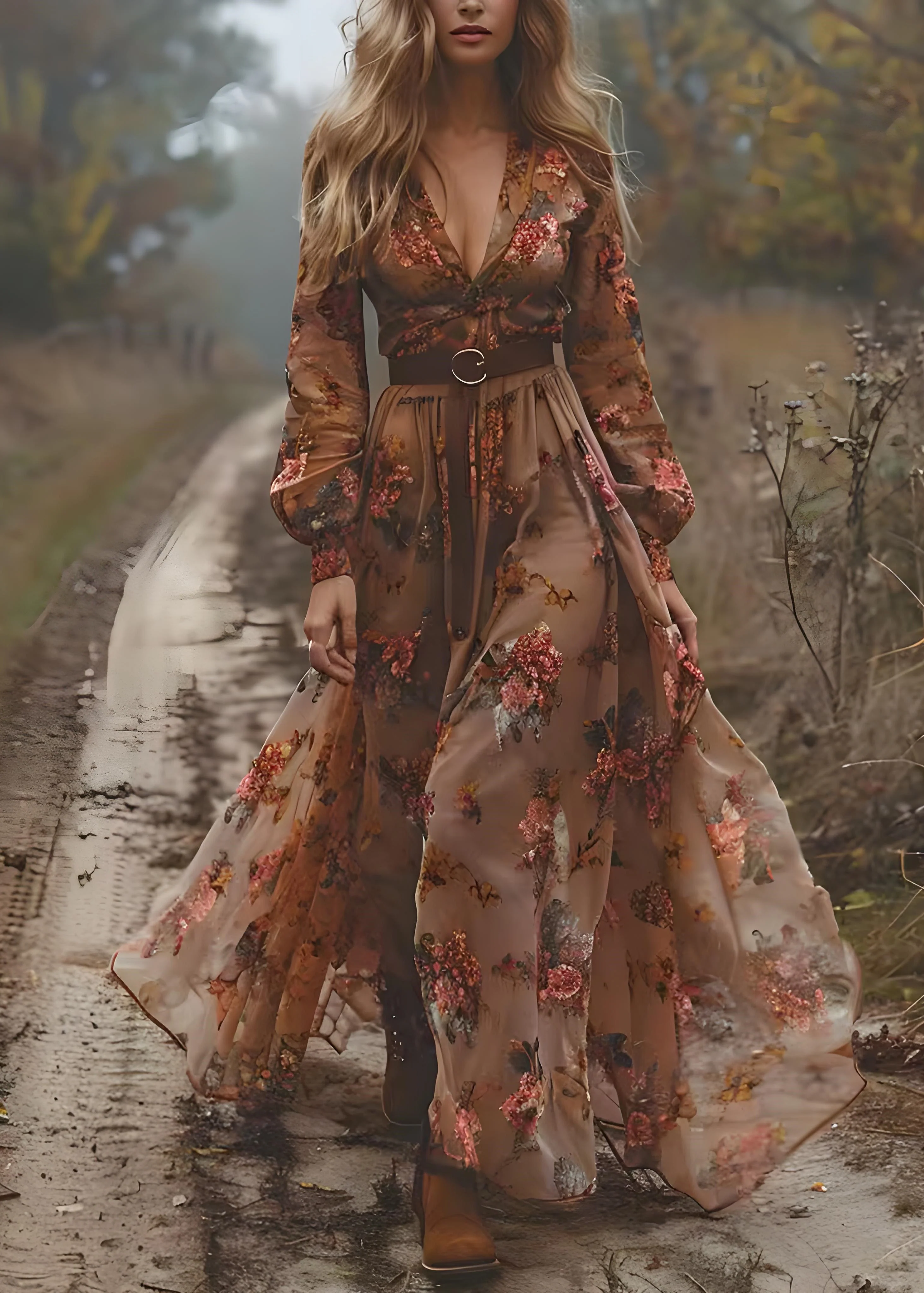 Bohemian Caramel V Neck Print Exra Large Hem Chiffon Dress Spring - Image 3
