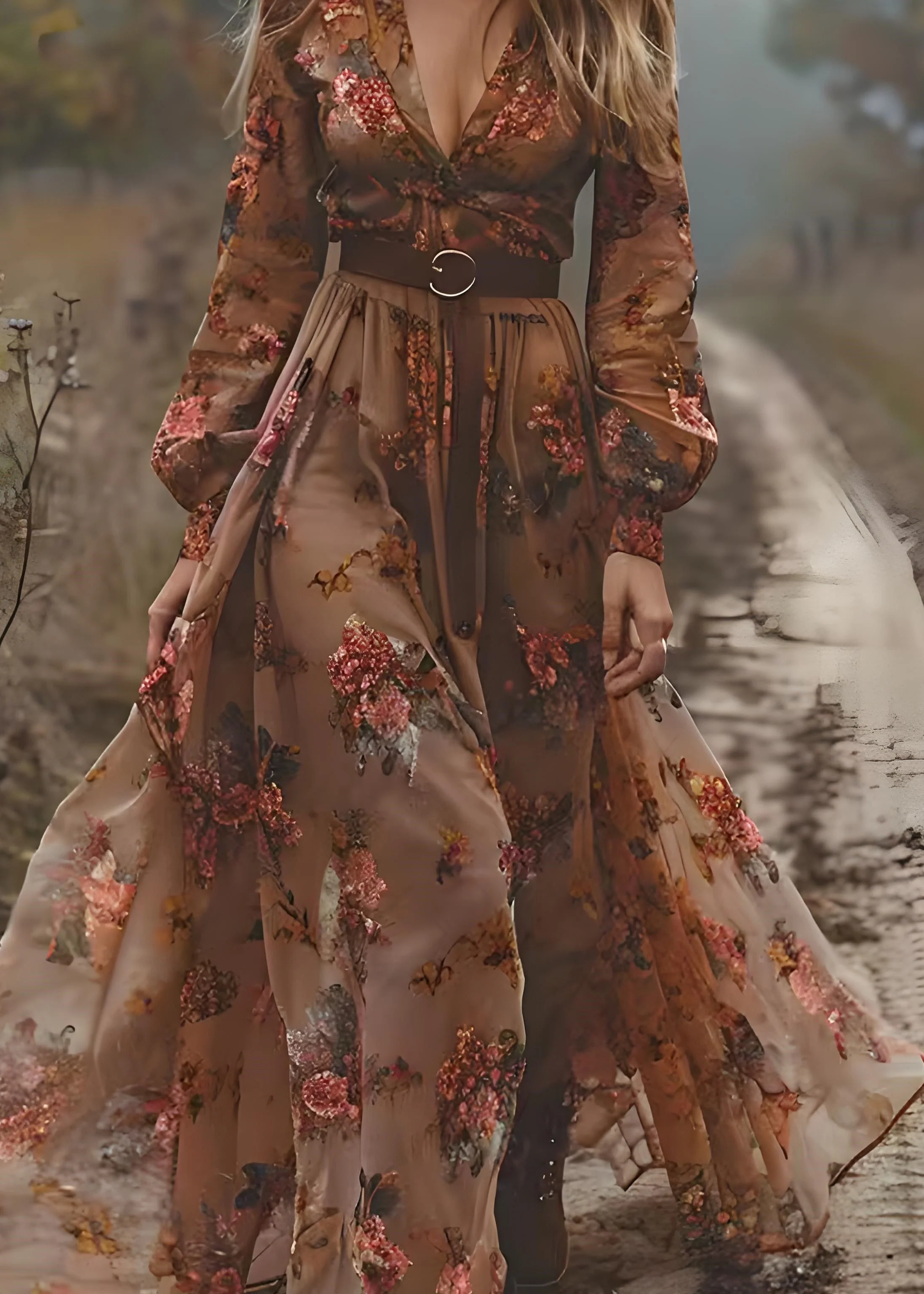 Bohemian Caramel V Neck Print Exra Large Hem Chiffon Dress Spring - Image 4