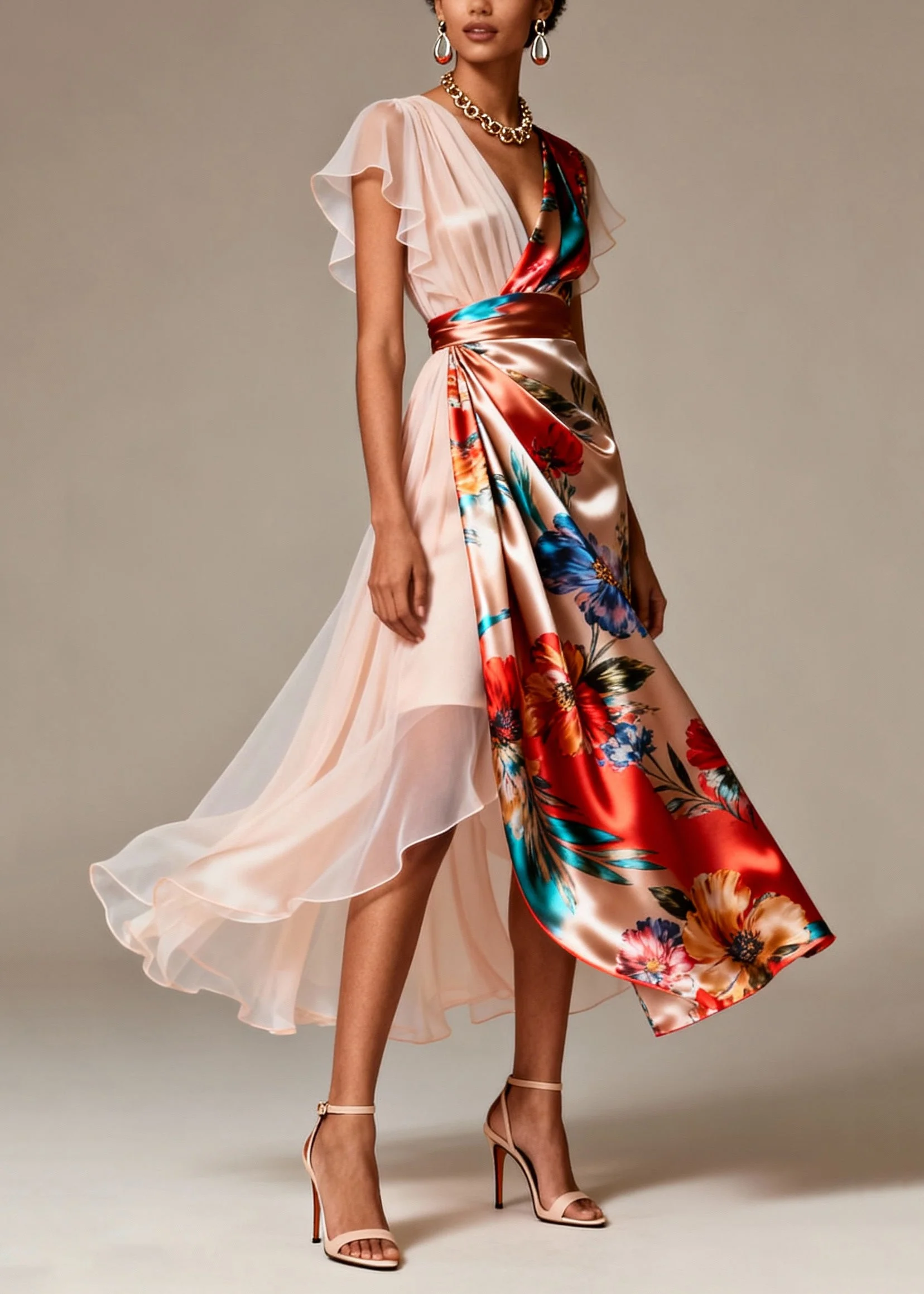 Bohemian Champagne Asymmetrical Print Silk Evening Dress Butterfly Sleeve - Image 3