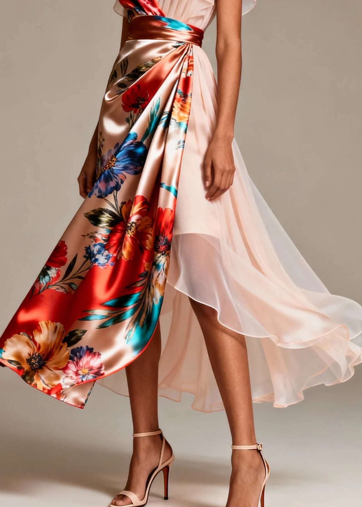 Bohemian Champagne Asymmetrical Print Silk Evening Dress Butterfly Sleeve - Image 4