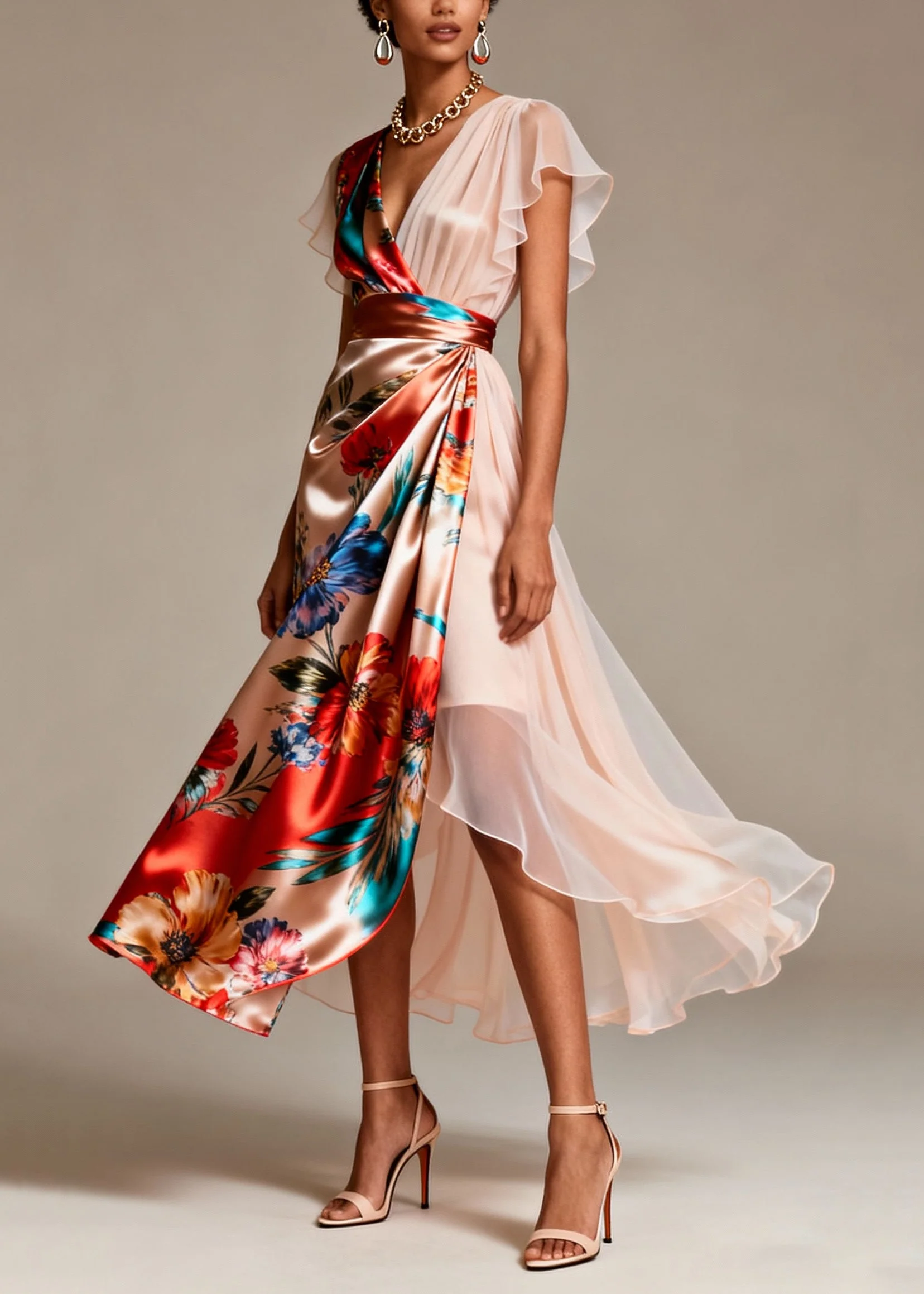 Bohemian Champagne Asymmetrical Print Silk Evening Dress Butterfly Sleeve - Image 5
