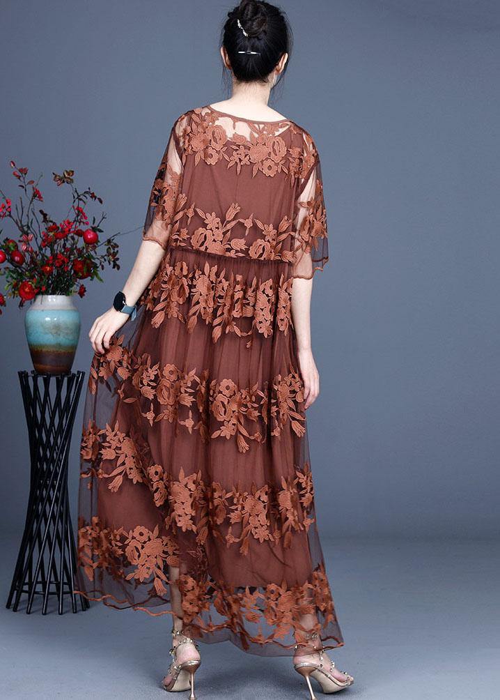 Bohemian Chocolate Embroideried Summer Lace Summer Dresses Half Sleeve - Image 4