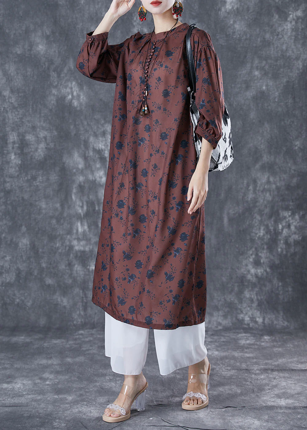 Bohemian Chocolate Oversized Print Linen Maxi Dresses Bracelet Sleeve - Image 2