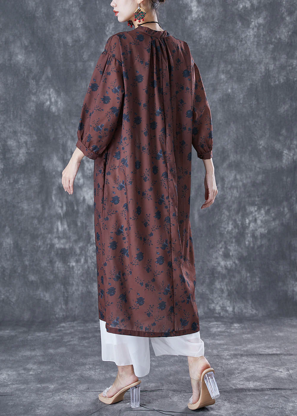 Bohemian Chocolate Oversized Print Linen Maxi Dresses Bracelet Sleeve - Image 4